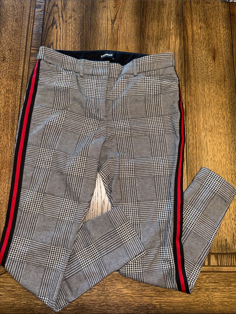 Express Black and White Plaid Skinny Pants with Red & Black Side Stripes